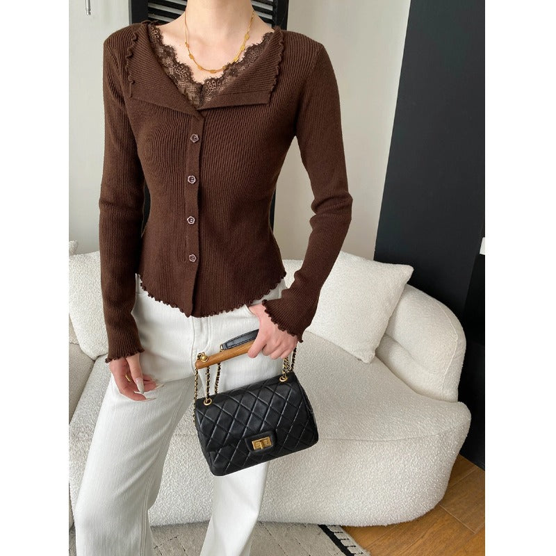 Gentle Atmosphere False Two-Piece Lace Spliced Ruffled Collar Fitted Knit Sweater