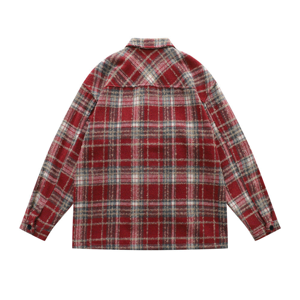 vintage men's jacket, turn-down collar, plaid pattern, long sleeve, loose fit, trendy, versatile men's outerwear