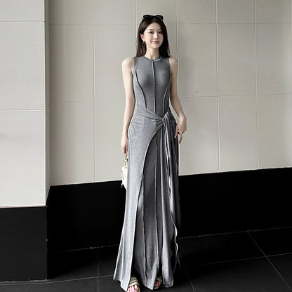 French high-end fake two piece sleeveless vest dress