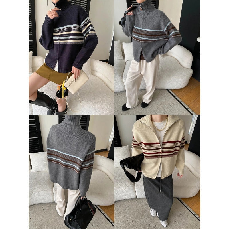 Fashionable Casual Stripe Color-block Knit Cardigan Sweater with Double Zipper Design