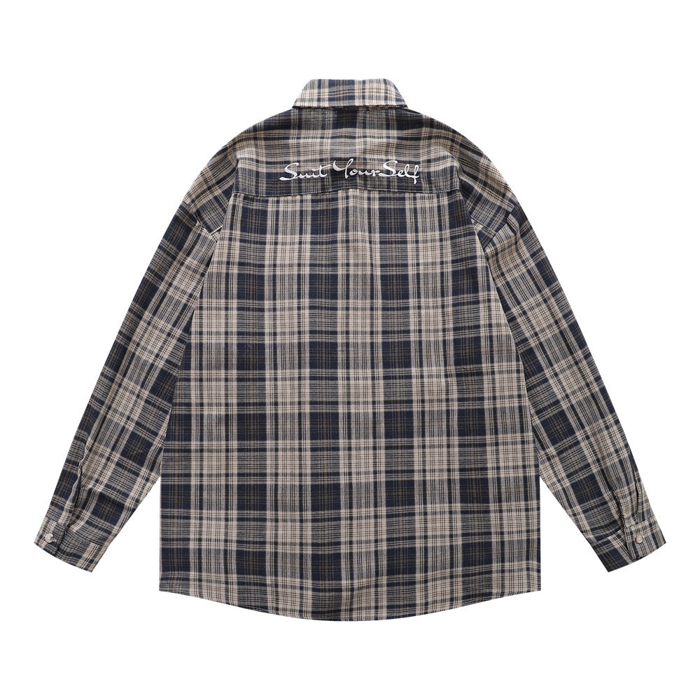Style Men's Shirt, Turn-down Collar Checkered Long Sleeve Trendy Loose Fit Casual Open Front Shirt Jacket