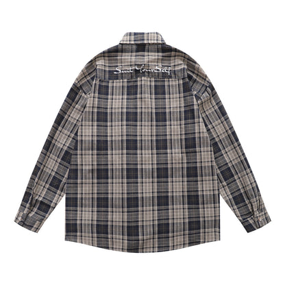 Style Men's Shirt, Turn-down Collar Checkered Long Sleeve Trendy Loose Fit Casual Open Front Shirt Jacket