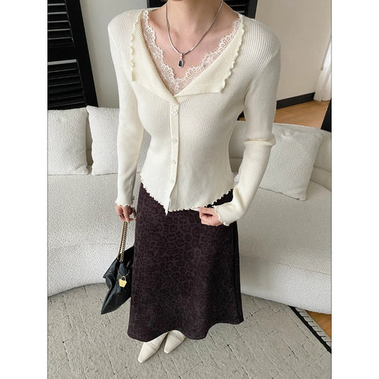 Gentle Atmosphere False Two-Piece Lace Spliced Ruffled Collar Fitted Knit Sweater