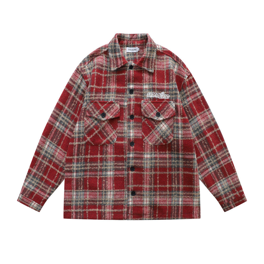 vintage men's jacket, turn-down collar, plaid pattern, long sleeve, loose fit, trendy, versatile men's outerwear