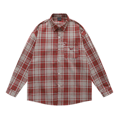 Style Men's Shirt, Turn-down Collar Checkered Long Sleeve Trendy Loose Fit Casual Open Front Shirt Jacket