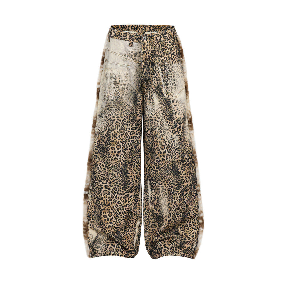Street Style Men's Jeans with Leopard Print Patchwork, Casual Loose Fit Wide Leg Long Pants