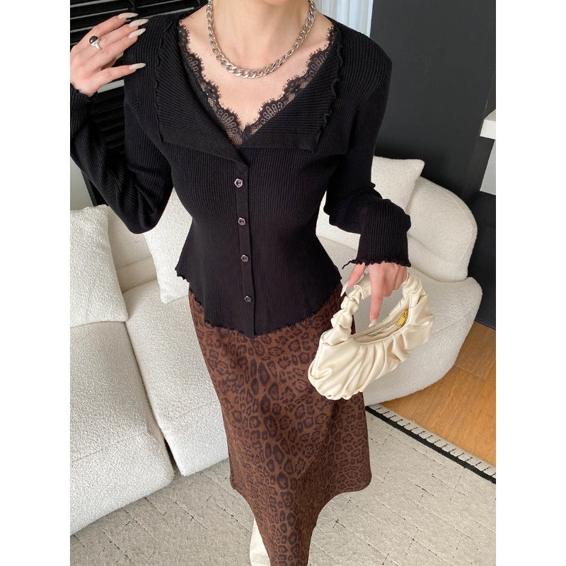 Gentle Atmosphere False Two-Piece Lace Spliced Ruffled Collar Fitted Knit Sweater