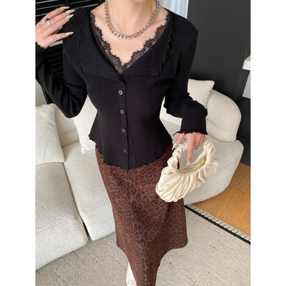 Gentle Atmosphere False Two-Piece Lace Spliced Ruffled Collar Fitted Knit Sweater