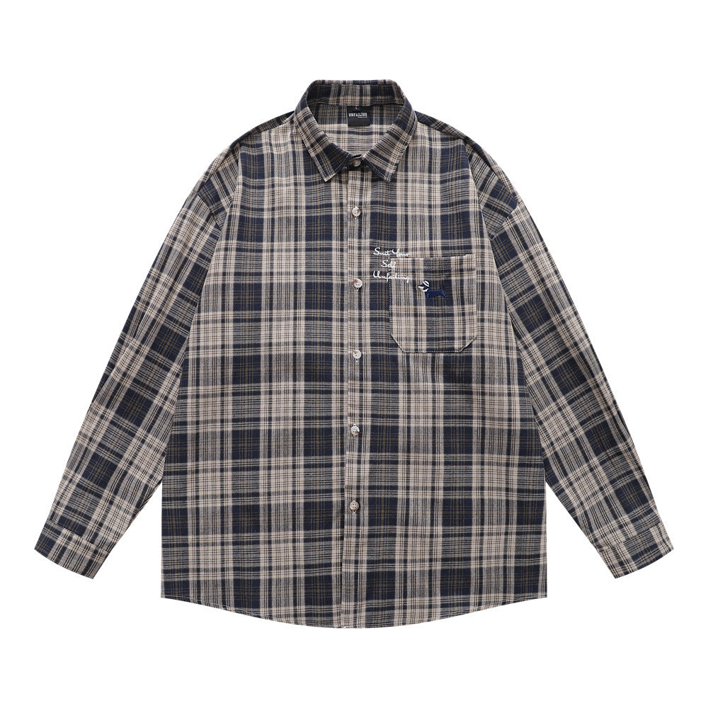 Style Men's Shirt, Turn-down Collar Checkered Long Sleeve Trendy Loose Fit Casual Open Front Shirt Jacket