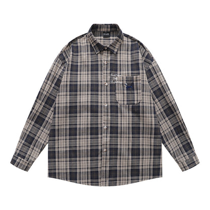 Style Men's Shirt, Turn-down Collar Checkered Long Sleeve Trendy Loose Fit Casual Open Front Shirt Jacket