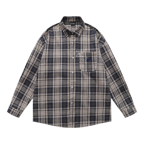 Style Men's Shirt, Turn-down Collar Checkered Long Sleeve Trendy Loose Fit Casual Open Front Shirt Jacket