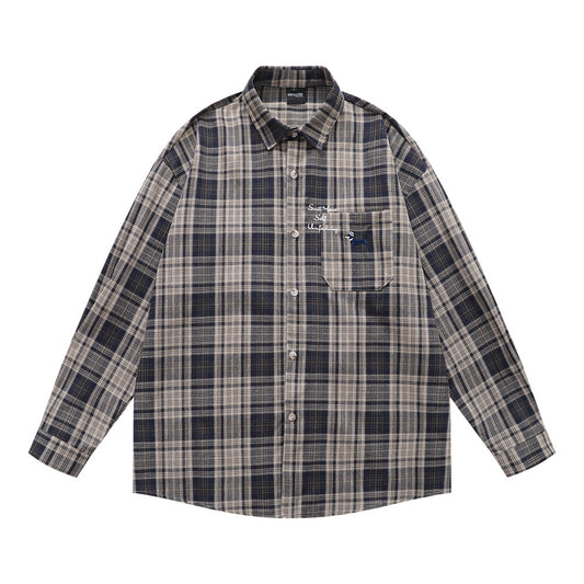 Style Men's Shirt, Turn-down Collar Checkered Long Sleeve Trendy Loose Fit Casual Open Front Shirt Jacket