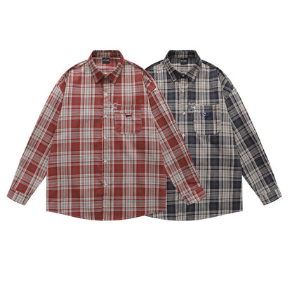 Style Men's Shirt, Turn-down Collar Checkered Long Sleeve Trendy Loose Fit Casual Open Front Shirt Jacket