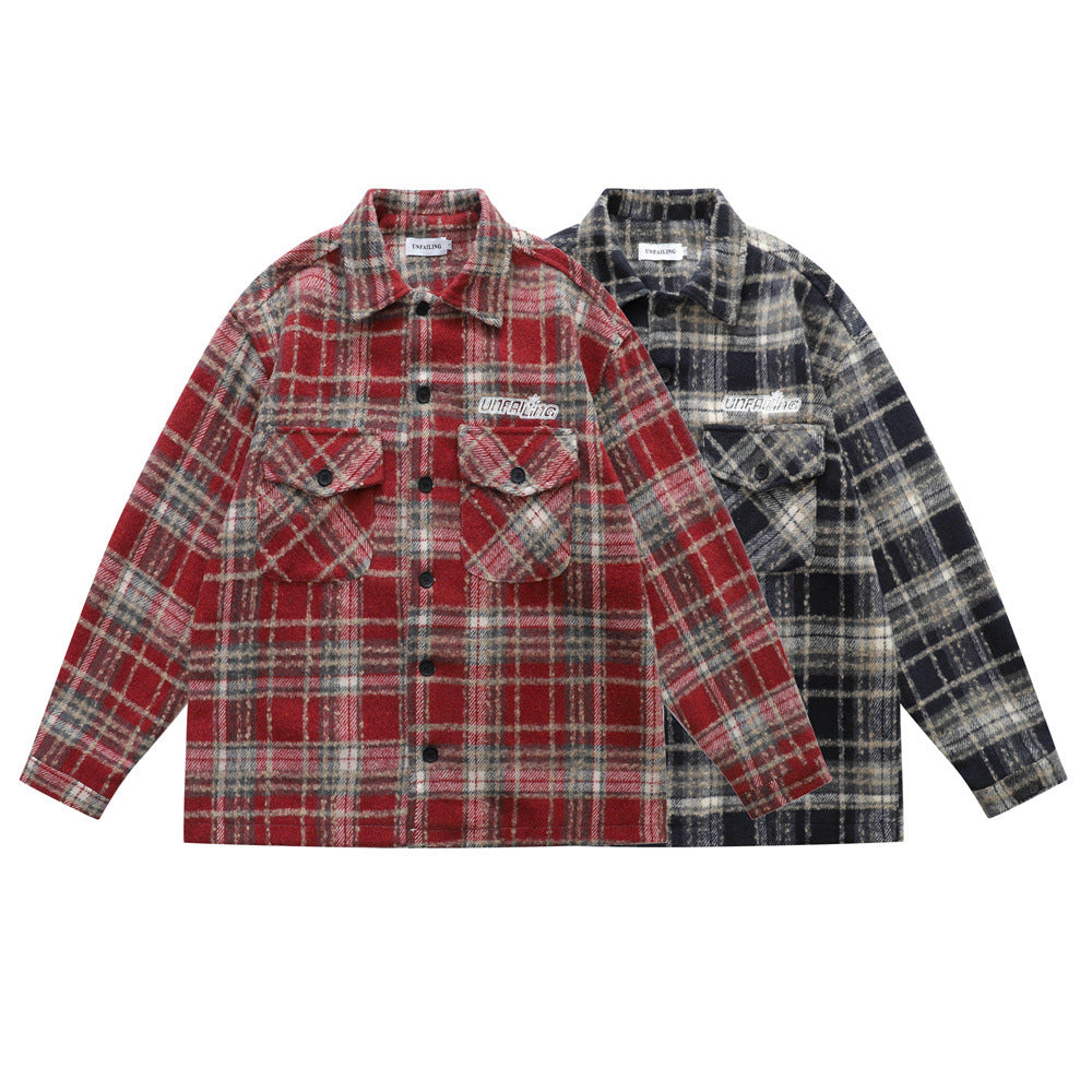 vintage men's jacket, turn-down collar, plaid pattern, long sleeve, loose fit, trendy, versatile men's outerwear