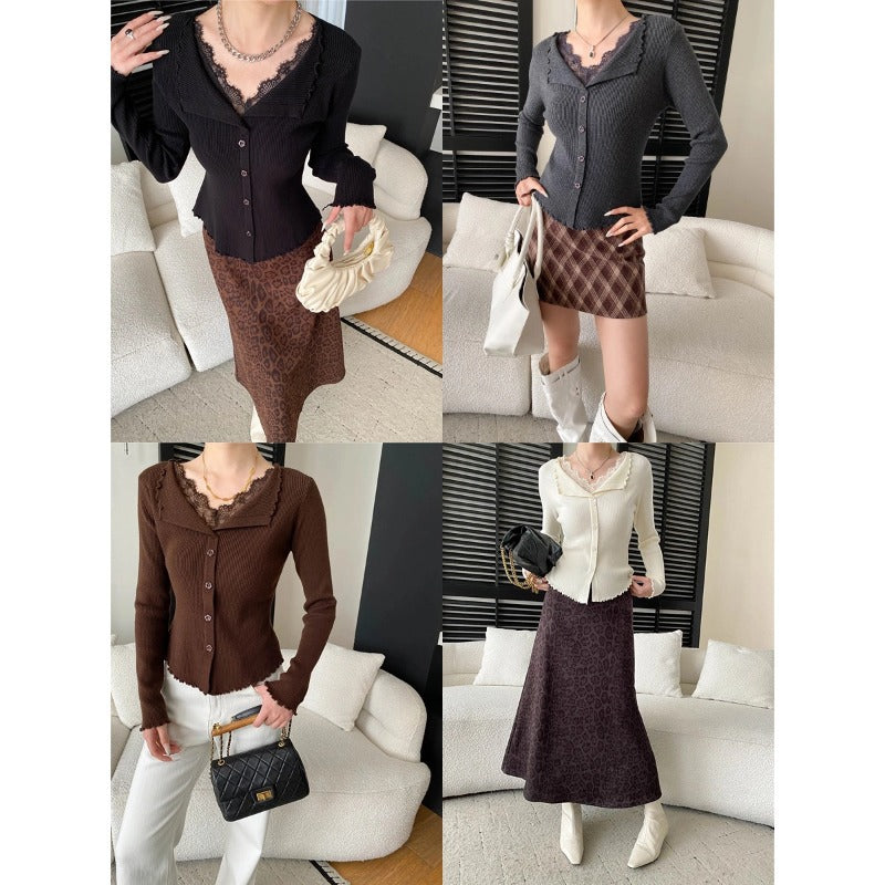 Gentle Atmosphere False Two-Piece Lace Spliced Ruffled Collar Fitted Knit Sweater