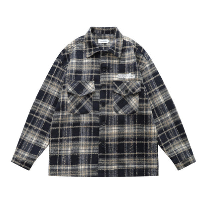 vintage men's jacket, turn-down collar, plaid pattern, long sleeve, loose fit, trendy, versatile men's outerwear