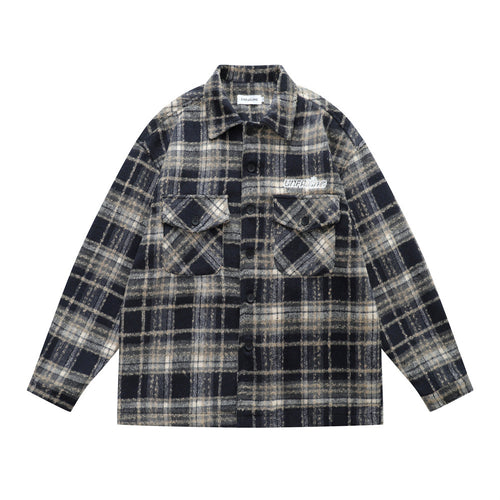 vintage men's jacket, turn-down collar, plaid pattern, long sleeve, loose fit, trendy, versatile men's outerwear