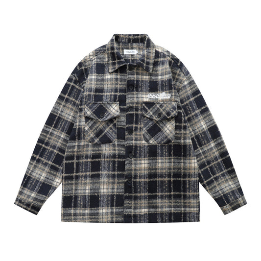 vintage men's jacket, turn-down collar, plaid pattern, long sleeve, loose fit, trendy, versatile men's outerwear