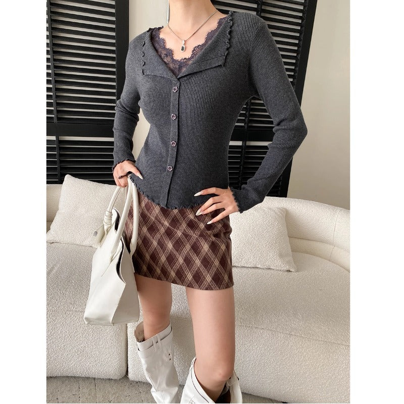 Gentle Atmosphere False Two-Piece Lace Spliced Ruffled Collar Fitted Knit Sweater