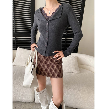 Gentle Atmosphere False Two-Piece Lace Spliced Ruffled Collar Fitted Knit Sweater
