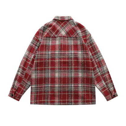 vintage men's jacket, turn-down collar, plaid pattern, long sleeve, loose fit, trendy, versatile men's outerwear