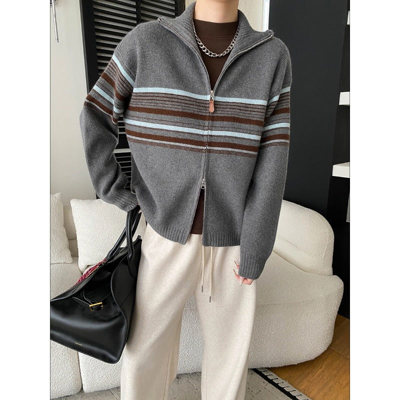 Fashionable Casual Stripe Color-block Knit Cardigan Sweater with Double Zipper Design