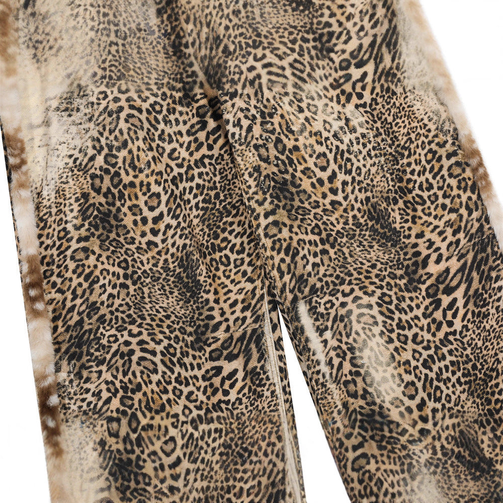 Street Style Men's Jeans with Leopard Print Patchwork, Casual Loose Fit Wide Leg Long Pants