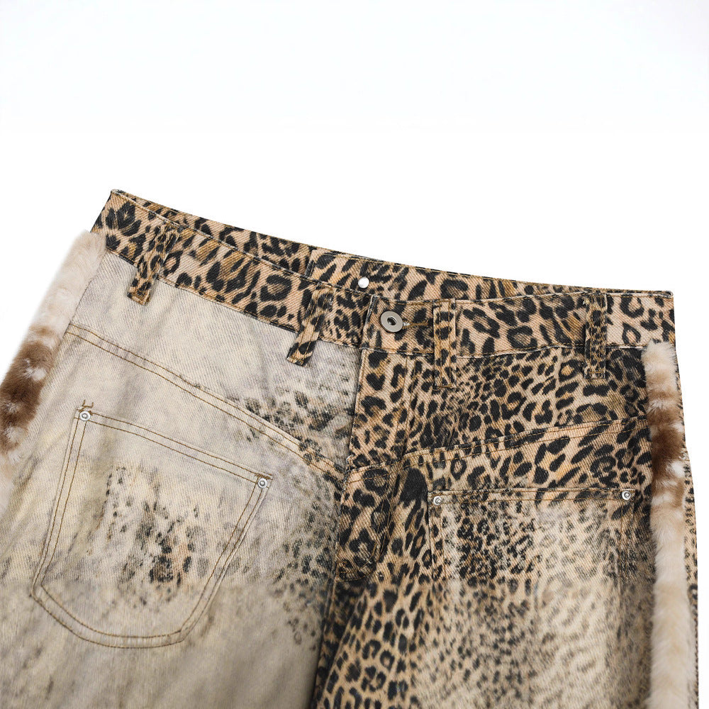 Street Style Men's Jeans with Leopard Print Patchwork, Casual Loose Fit Wide Leg Long Pants