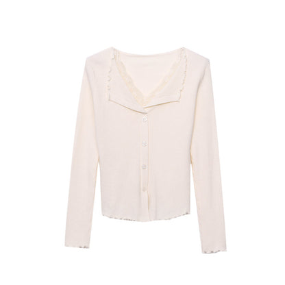 Gentle Atmosphere False Two-Piece Lace Spliced Ruffled Collar Fitted Knit Sweater