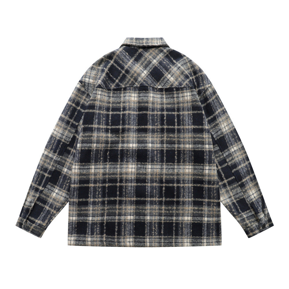 vintage men's jacket, turn-down collar, plaid pattern, long sleeve, loose fit, trendy, versatile men's outerwear