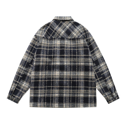 vintage men's jacket, turn-down collar, plaid pattern, long sleeve, loose fit, trendy, versatile men's outerwear